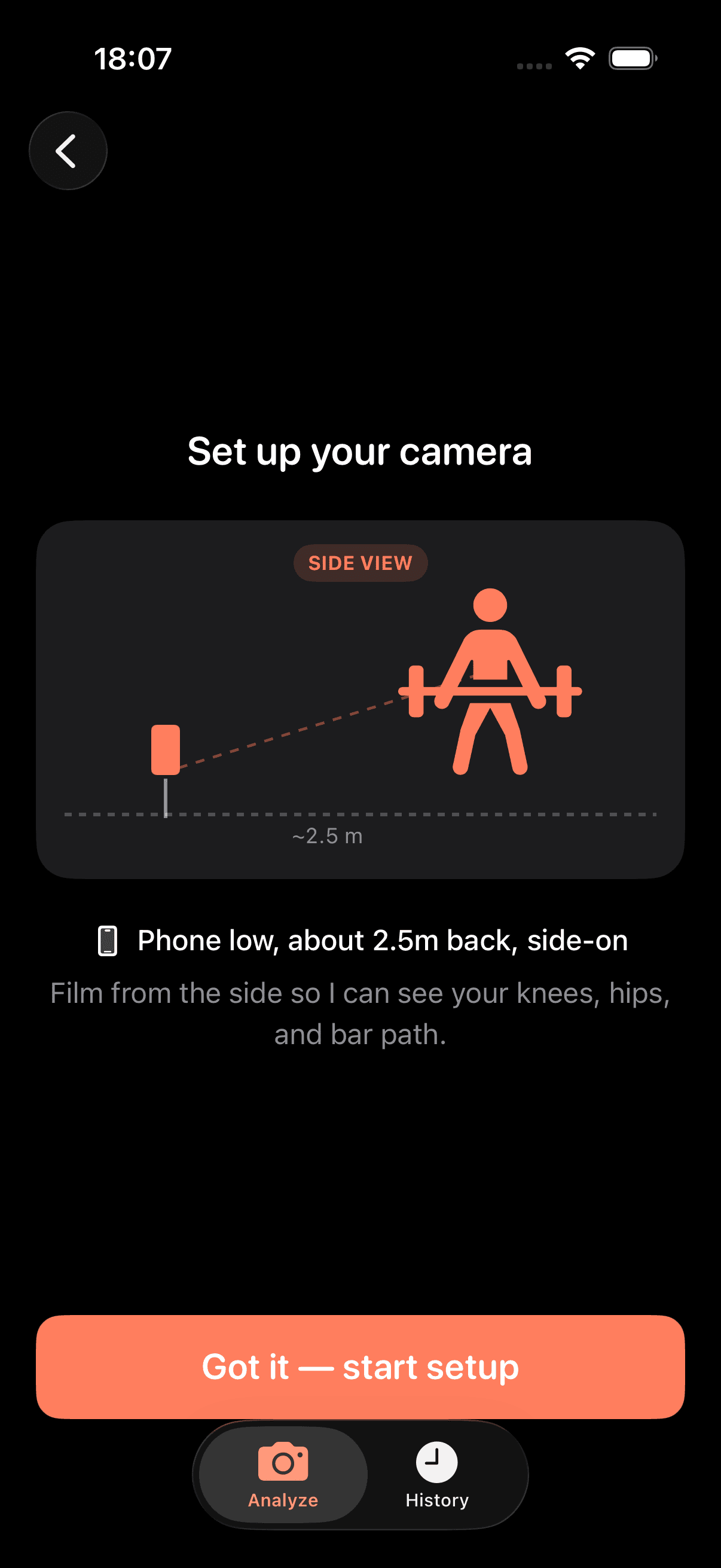 Camera placement guide showing where to position the phone for a side-on view